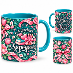 Patient Hearts Mug – 320ml, teal ceramic mug, views of the full-wrap Teacher’s Day design