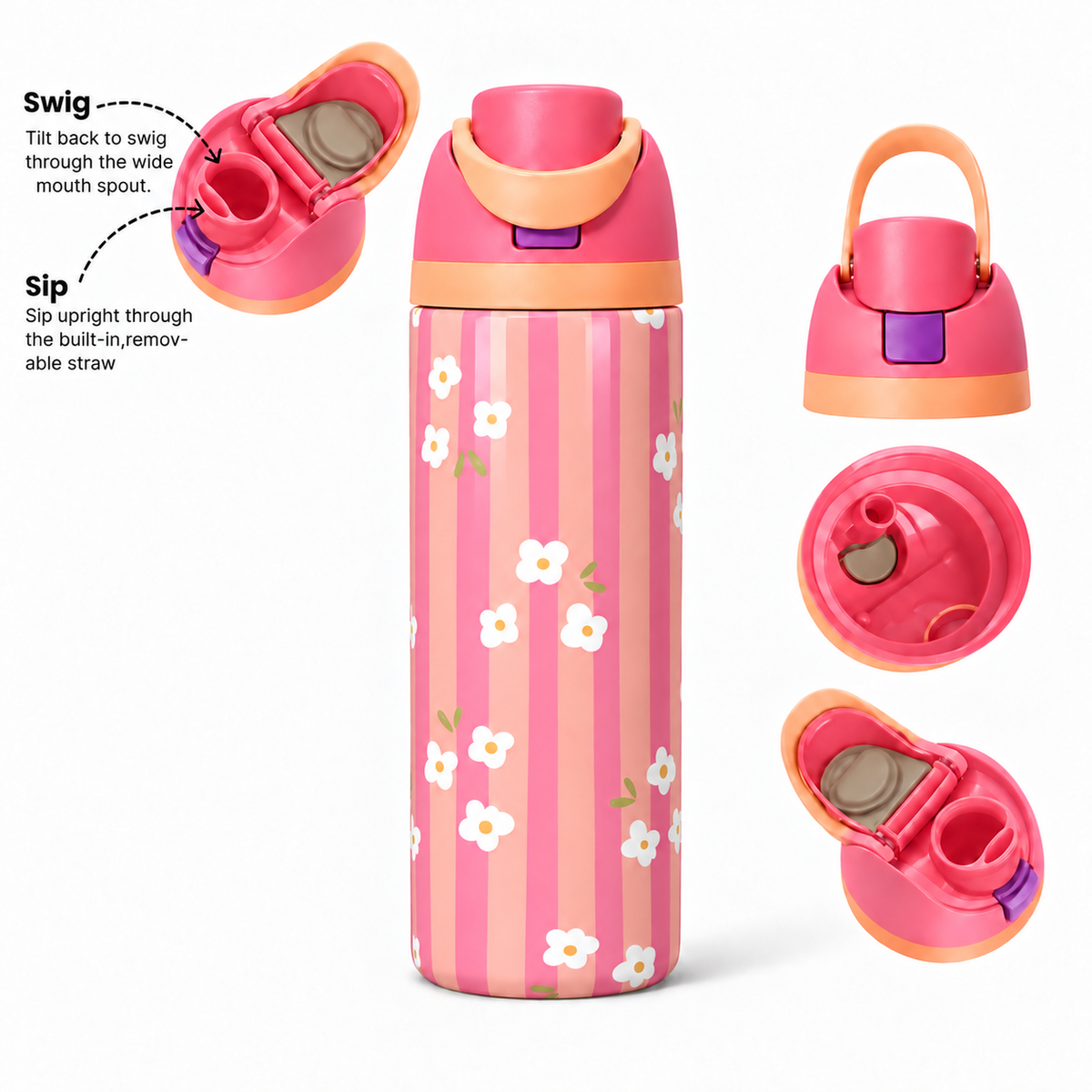 Peach Daisy Free Sip Bottle 720ML with Pink-Orange lid - sip and swig lid details