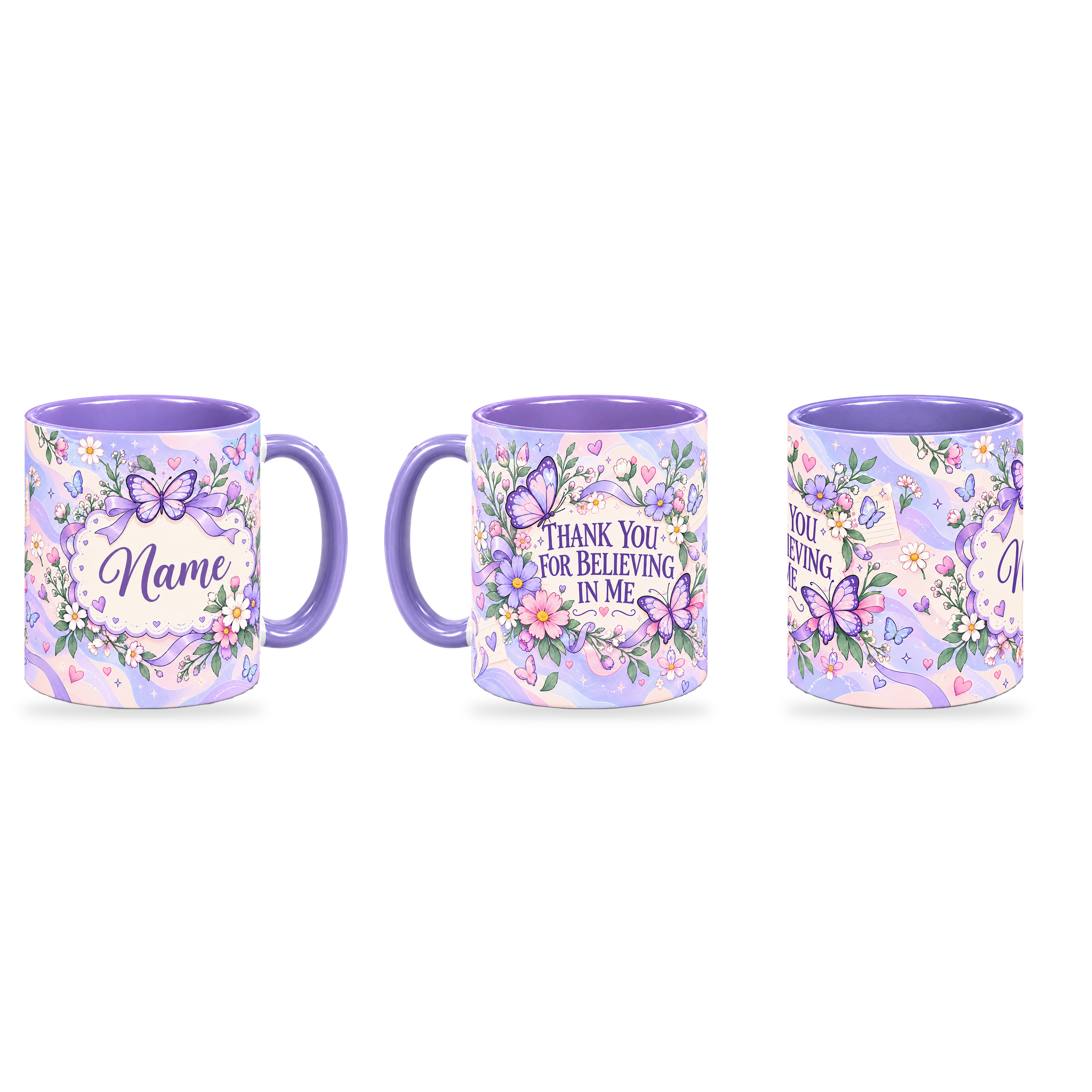 Periwinkle Butterfly Notes Teacher Mug – 320ml — right, left and front views together on a transparent background