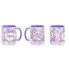 Periwinkle Butterfly Notes Teacher Mug – 320ml — right, left and front views together on a transparent background
