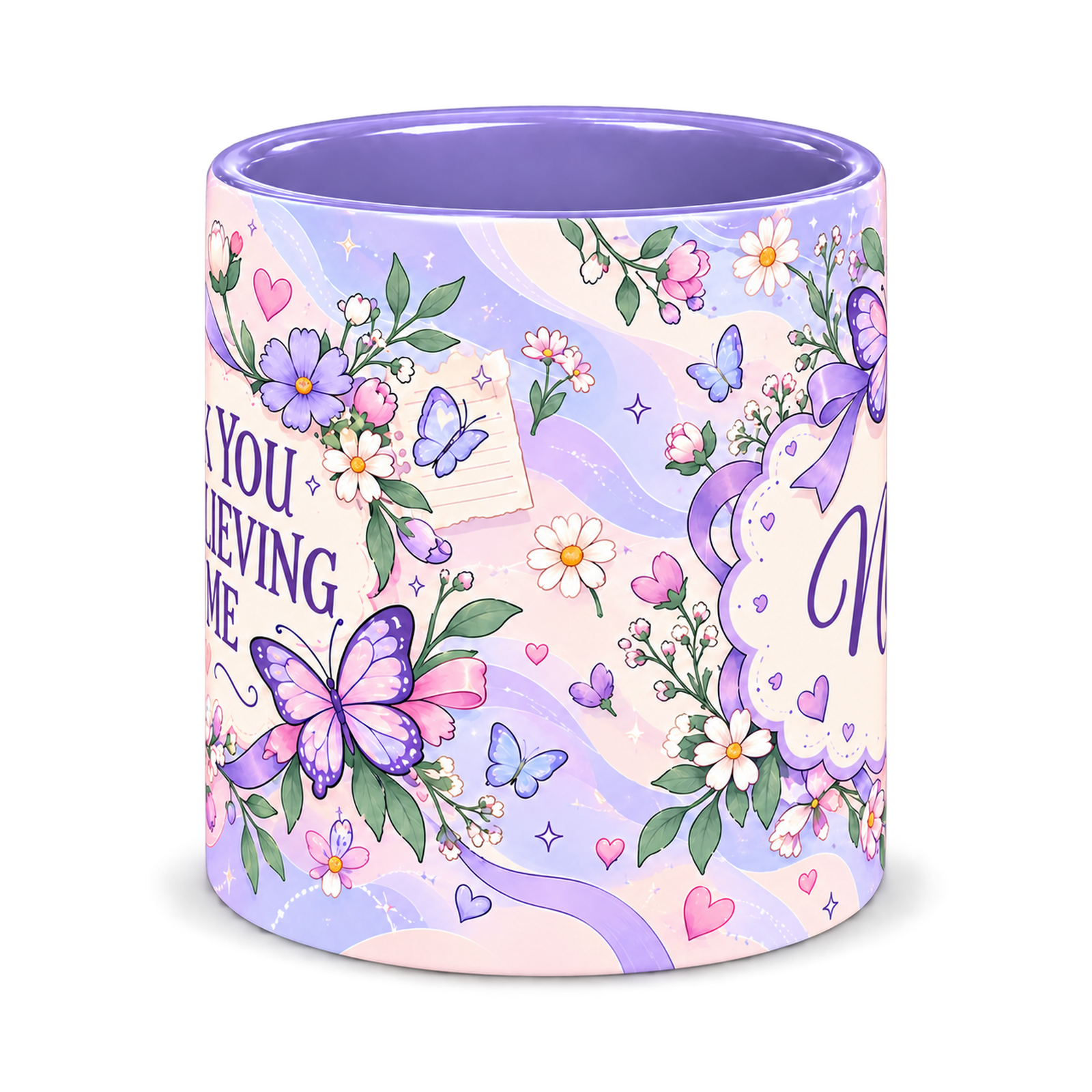 Periwinkle Butterfly Notes Teacher Mug, light purple – centre view of the full-wrap pattern