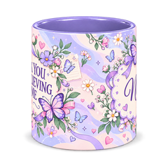 Periwinkle Butterfly Notes Teacher Mug, light purple – centre view of the full-wrap pattern