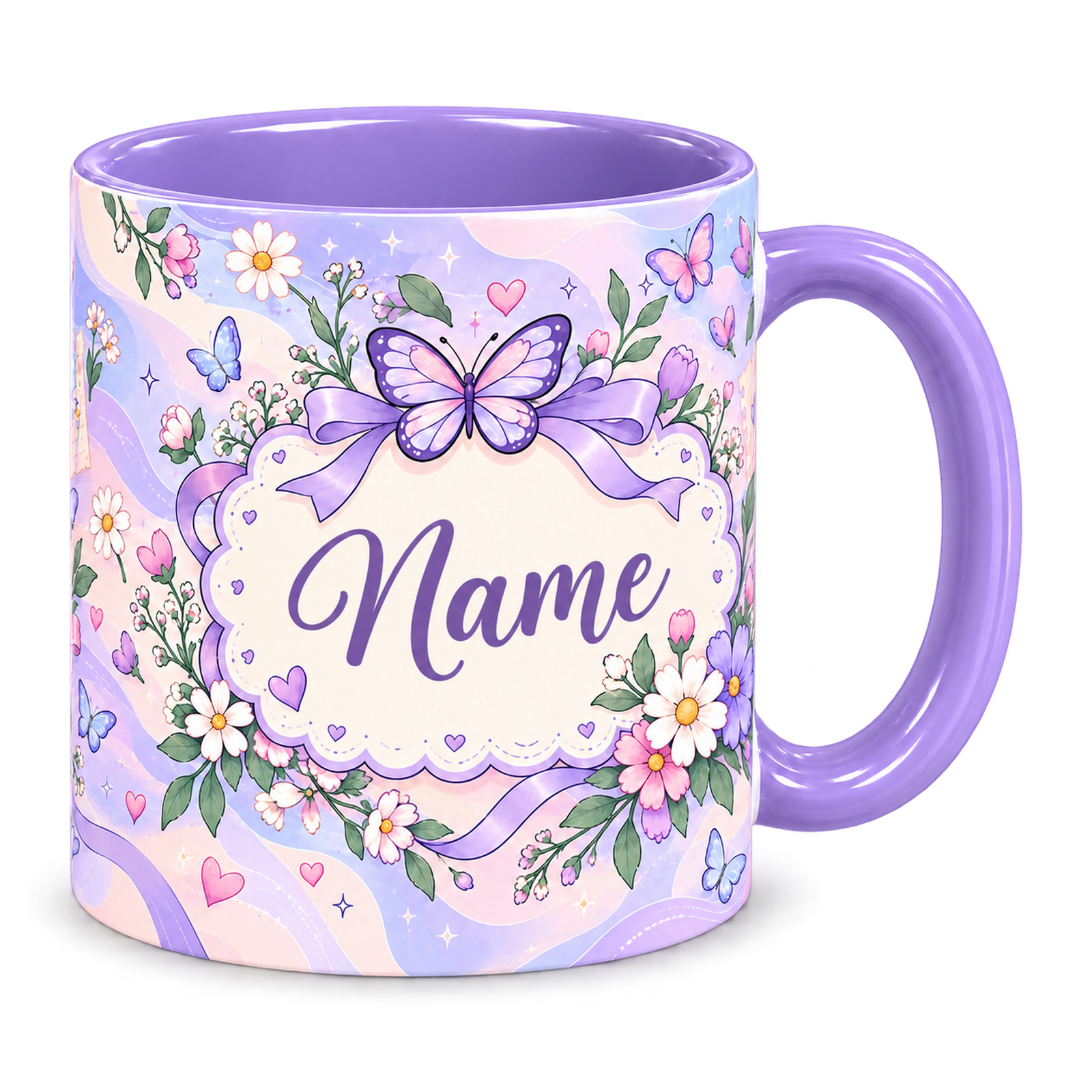 Periwinkle Butterfly Notes Teacher Mug, light purple – handle on the right, Name
