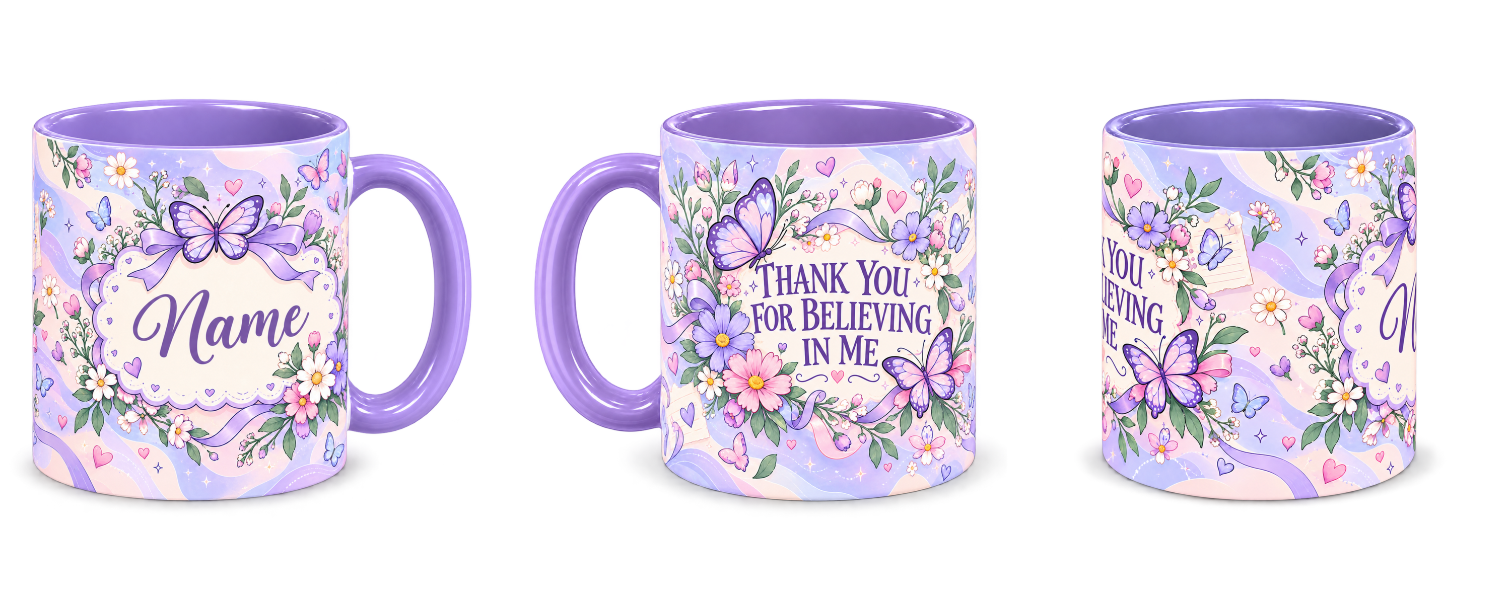 Periwinkle Butterfly Notes Teacher Mug, light purple – right, left and centre views side by side