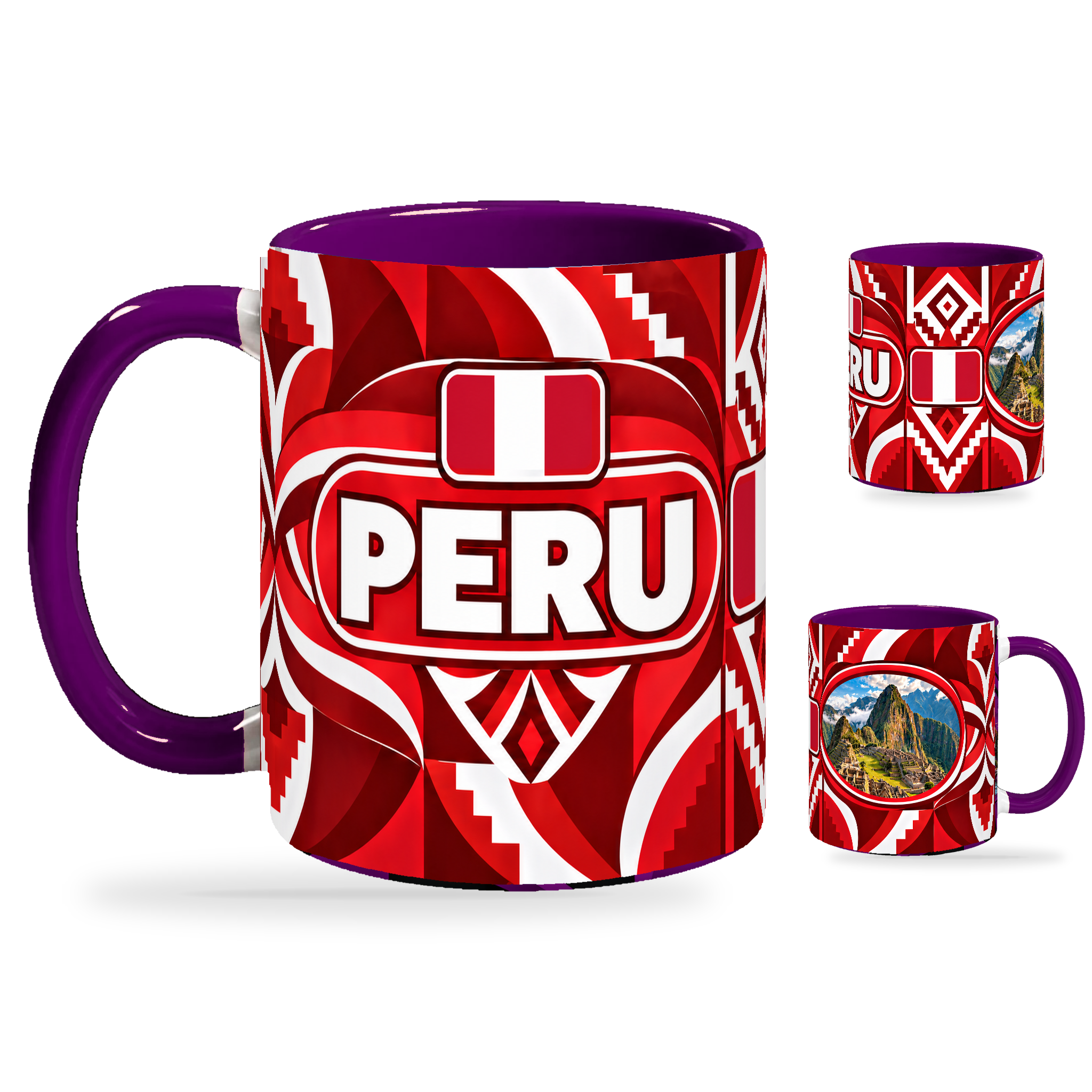 Peru Mug Purple – 320ml with purple handle, showing the country-name side plus companion centered-flag and landmark views of the glossy full-wrap design by Fann Bliss.
