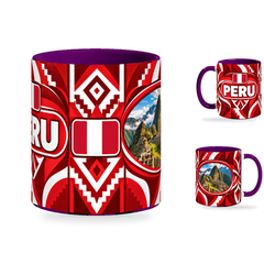 Peru Mug Purple – 320ml with purple handle, showing the centered flag view plus companion country-name and landmark views of the glossy full-wrap design by Fann Bliss.