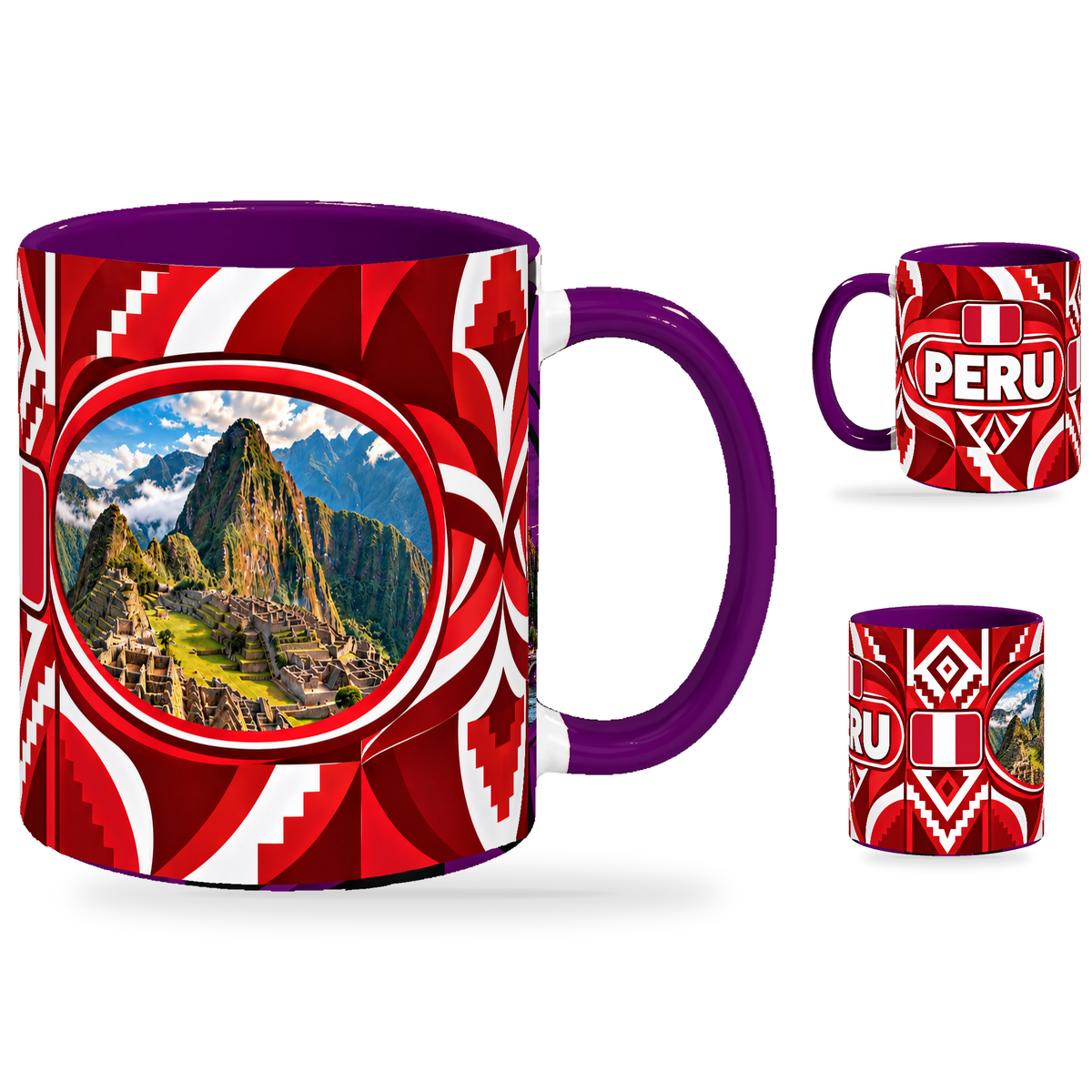 Peru Mug Purple – 320ml with purple handle, showing the landmark side plus companion country-name and centered-flag views of the glossy full-wrap design by Fann Bliss.