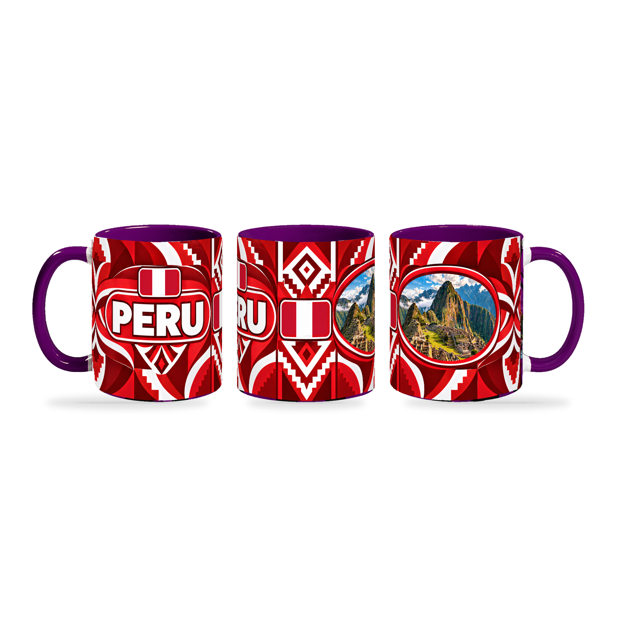 Peru Mug Purple – 320ml with purple handle, shown in three matching angles of the glossy full-wrap design by Fann Bliss.