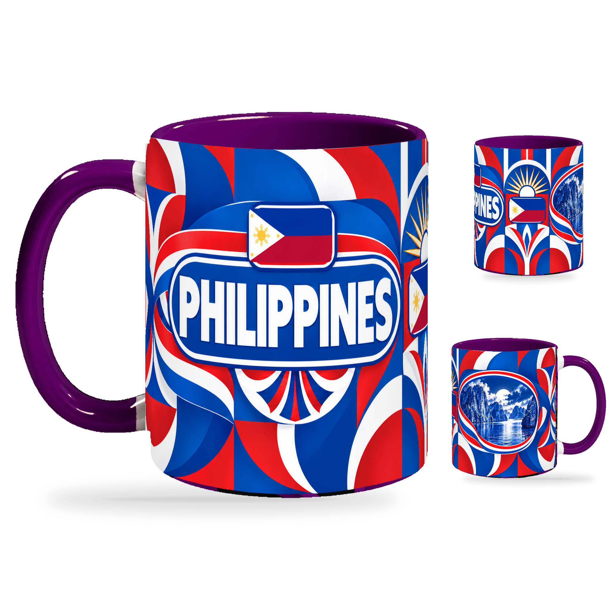 Philippines Mug Purple – 320ml with purple handle, showing the country-name side plus companion centered-flag and landmark views of the glossy full-wrap design by Fann Bliss.