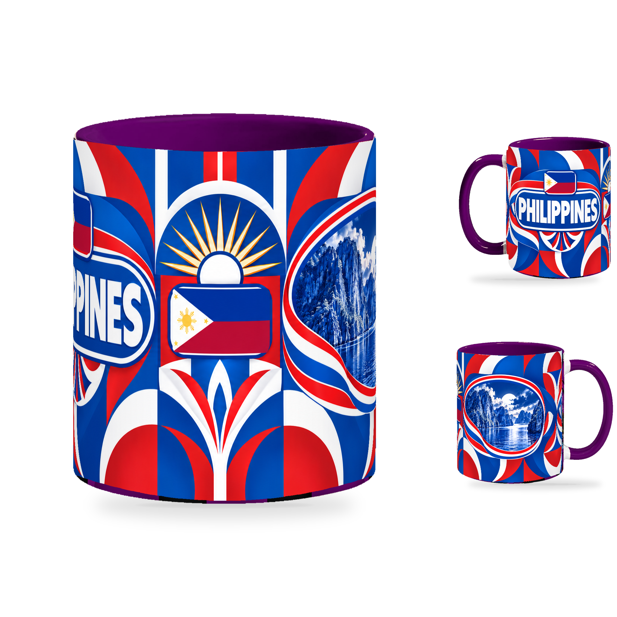Philippines Mug Purple – 320ml with purple handle, showing the centered flag view plus companion country-name and landmark views of the glossy full-wrap design by Fann Bliss.