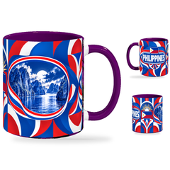 Philippines Mug Purple – 320ml with purple handle, showing the landmark side plus companion country-name and centered-flag views of the glossy full-wrap design by Fann Bliss.