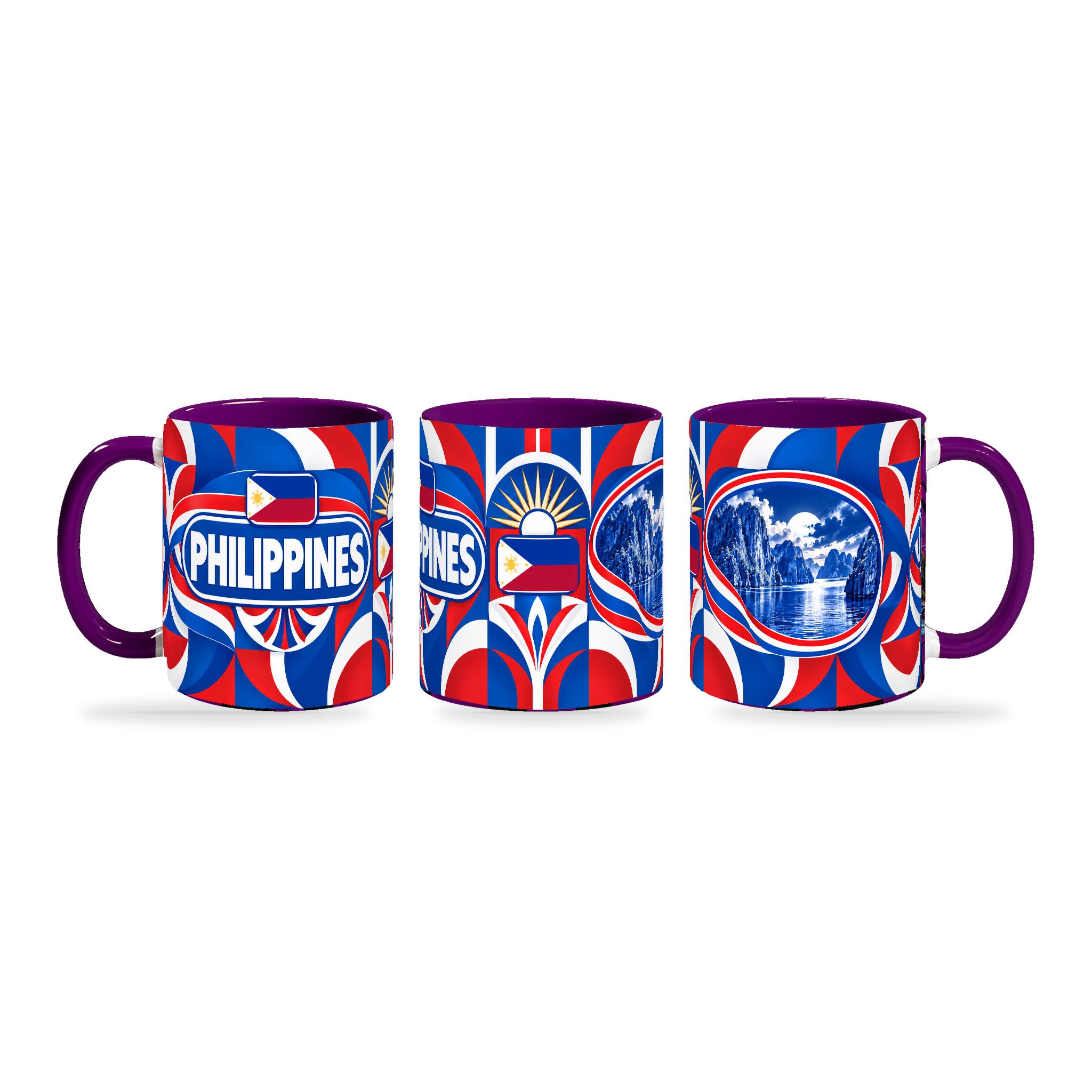 Philippines Mug Purple – 320ml with purple handle, shown in three matching angles of the glossy full-wrap design by Fann Bliss.