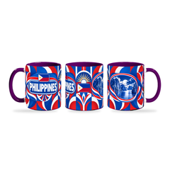 Philippines Mug Purple – 320ml with purple handle, shown in three matching angles of the glossy full-wrap design by Fann Bliss.