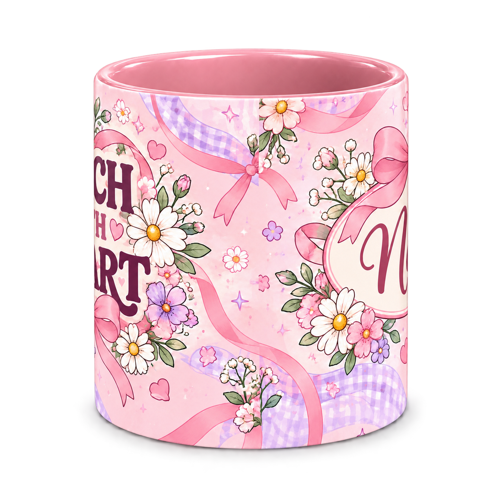 Pink Bow Academy Teacher Mug, pink – centre view of the full-wrap pattern