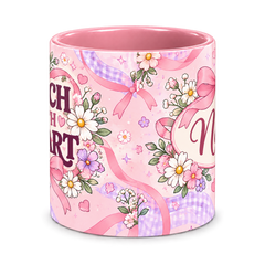 Pink Bow Academy Teacher Mug, pink – centre view of the full-wrap pattern