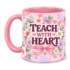 Pink Bow Academy Teacher Mug, pink – handle on the left, TEACH WITH HEART