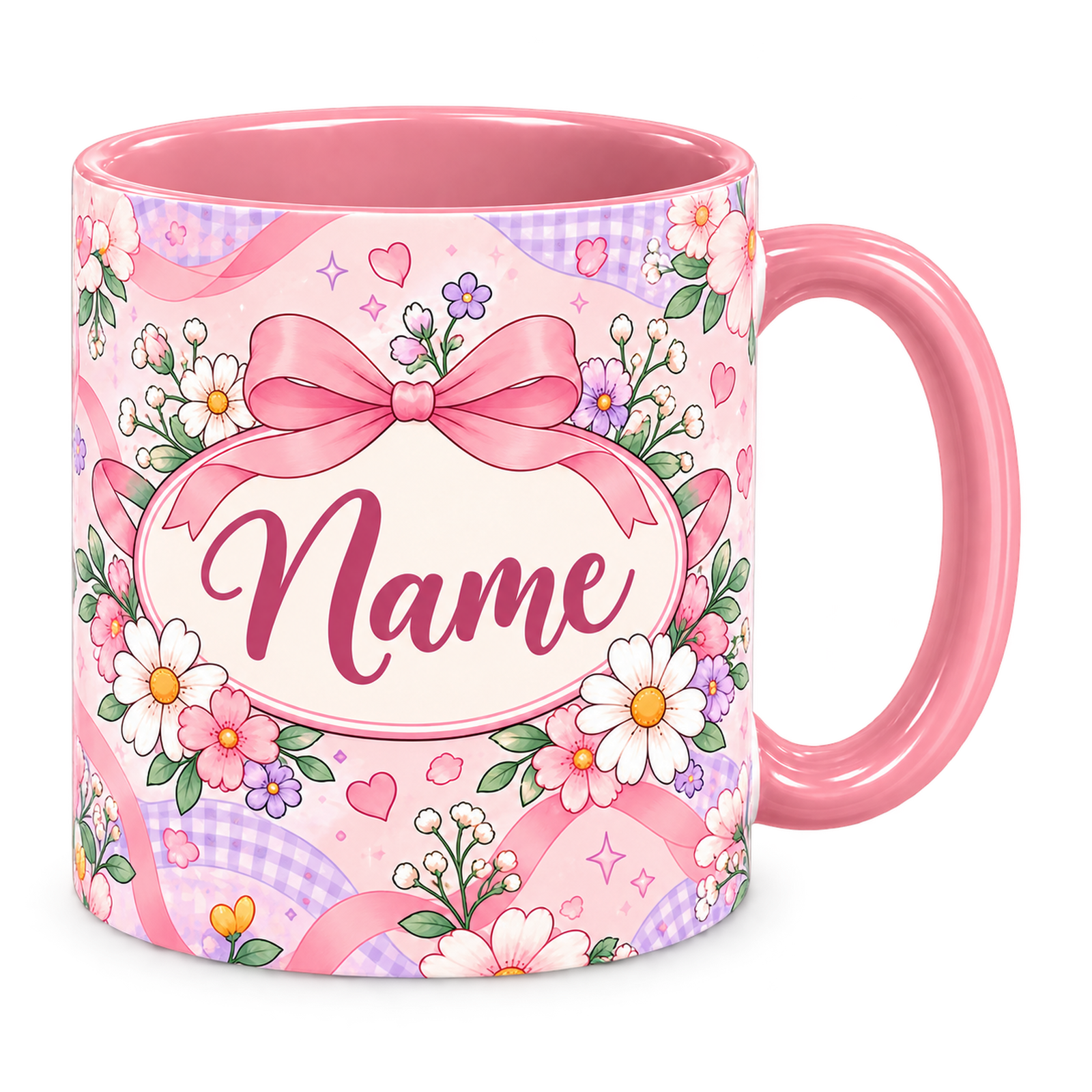 Pink Bow Academy Teacher Mug, pink – handle on the right, Name