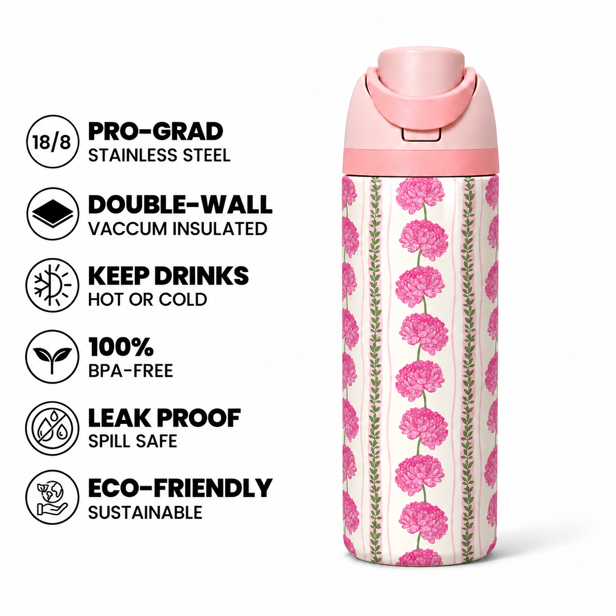Pink Chrysanthemum Free Sip Bottle 720ML with Pink-Pink lid - insulated stainless steel features
