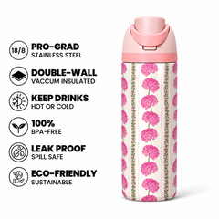 Pink Chrysanthemum Free Sip Bottle 720ML with Pink-Pink lid - insulated stainless steel features