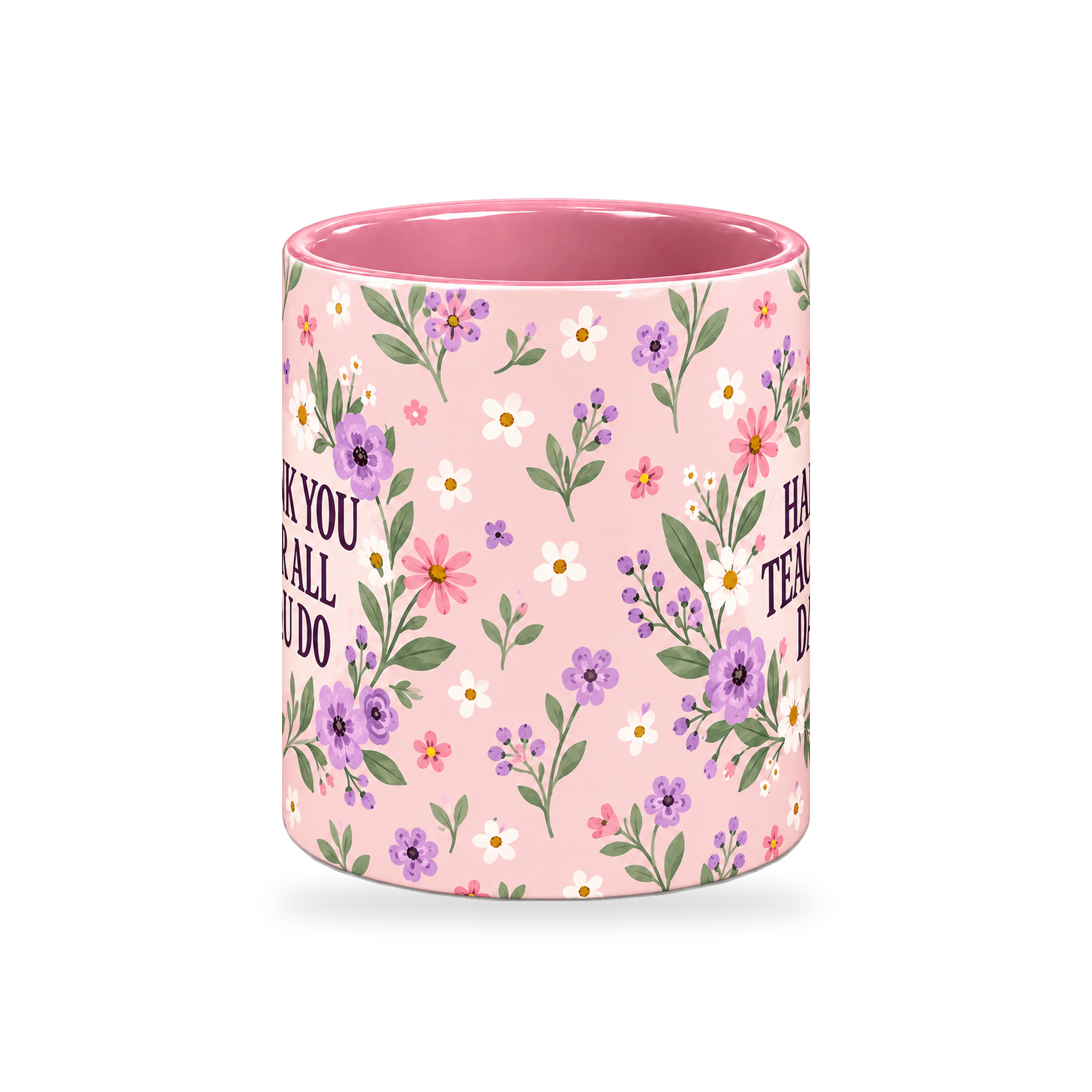 Pink Ditsy Meadow Teacher Mug – 320ml — center view on a transparent background