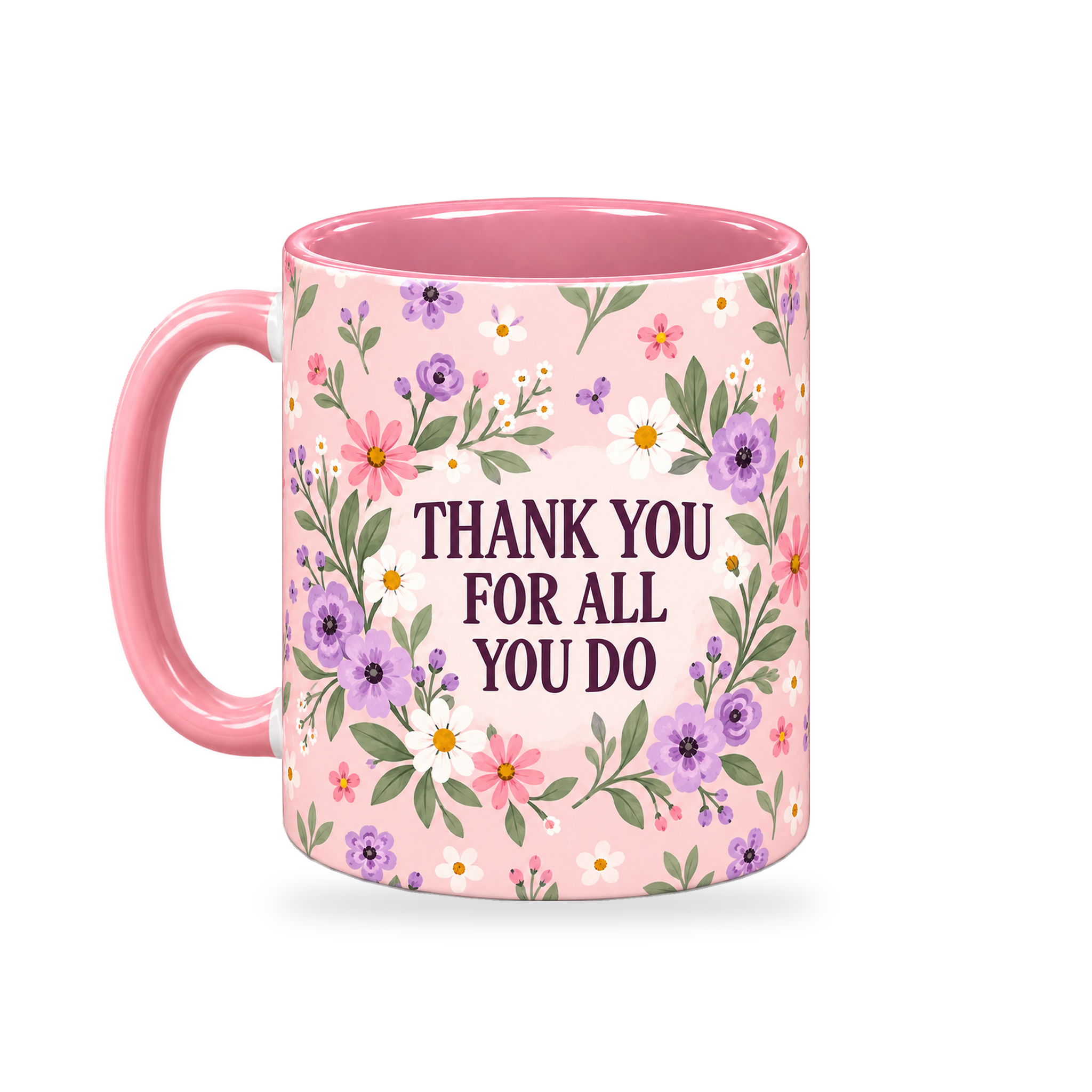 Pink Ditsy Meadow Teacher Mug – 320ml — left view on a transparent background