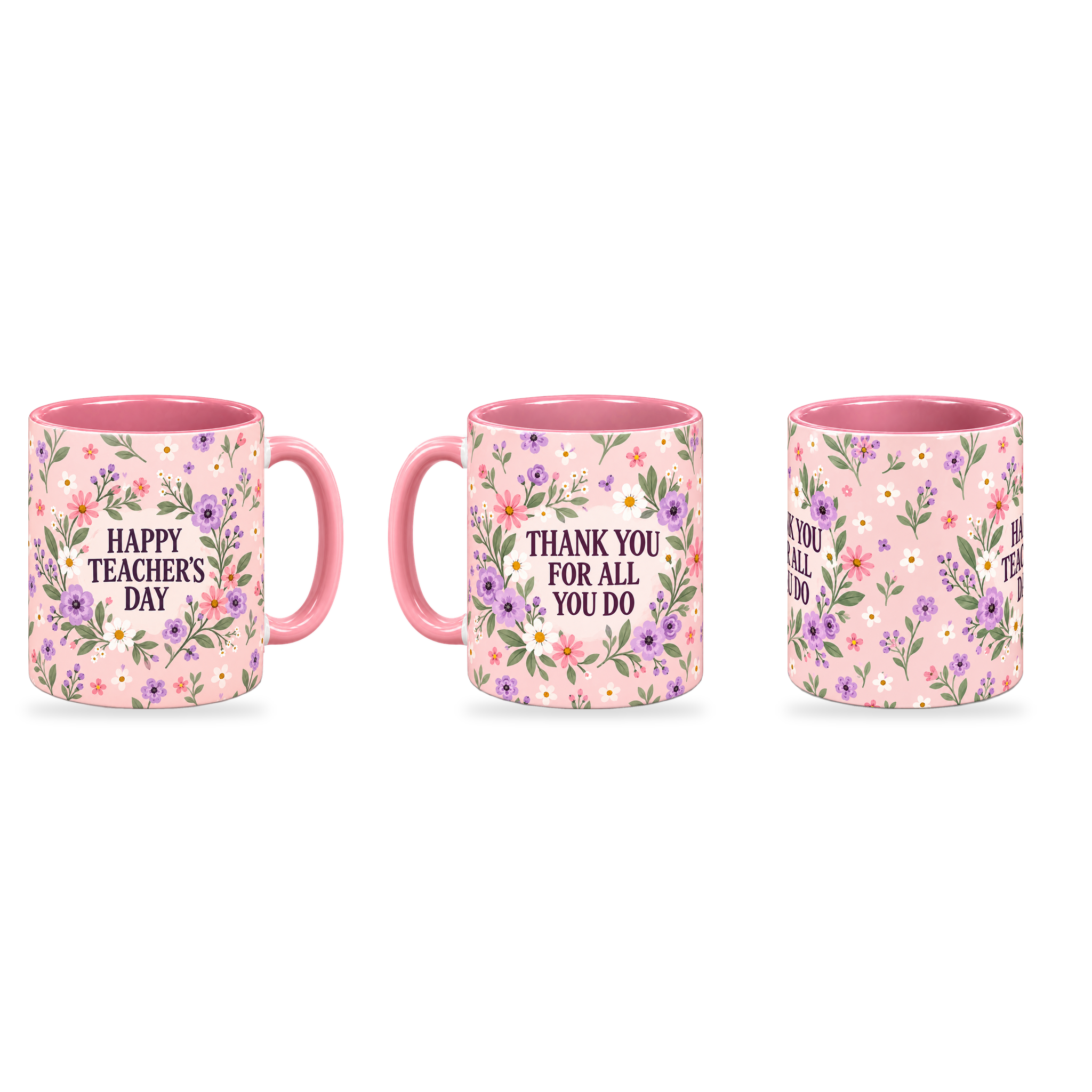 Pink Ditsy Meadow Teacher Mug – 320ml — right, left and centre views together on a transparent background