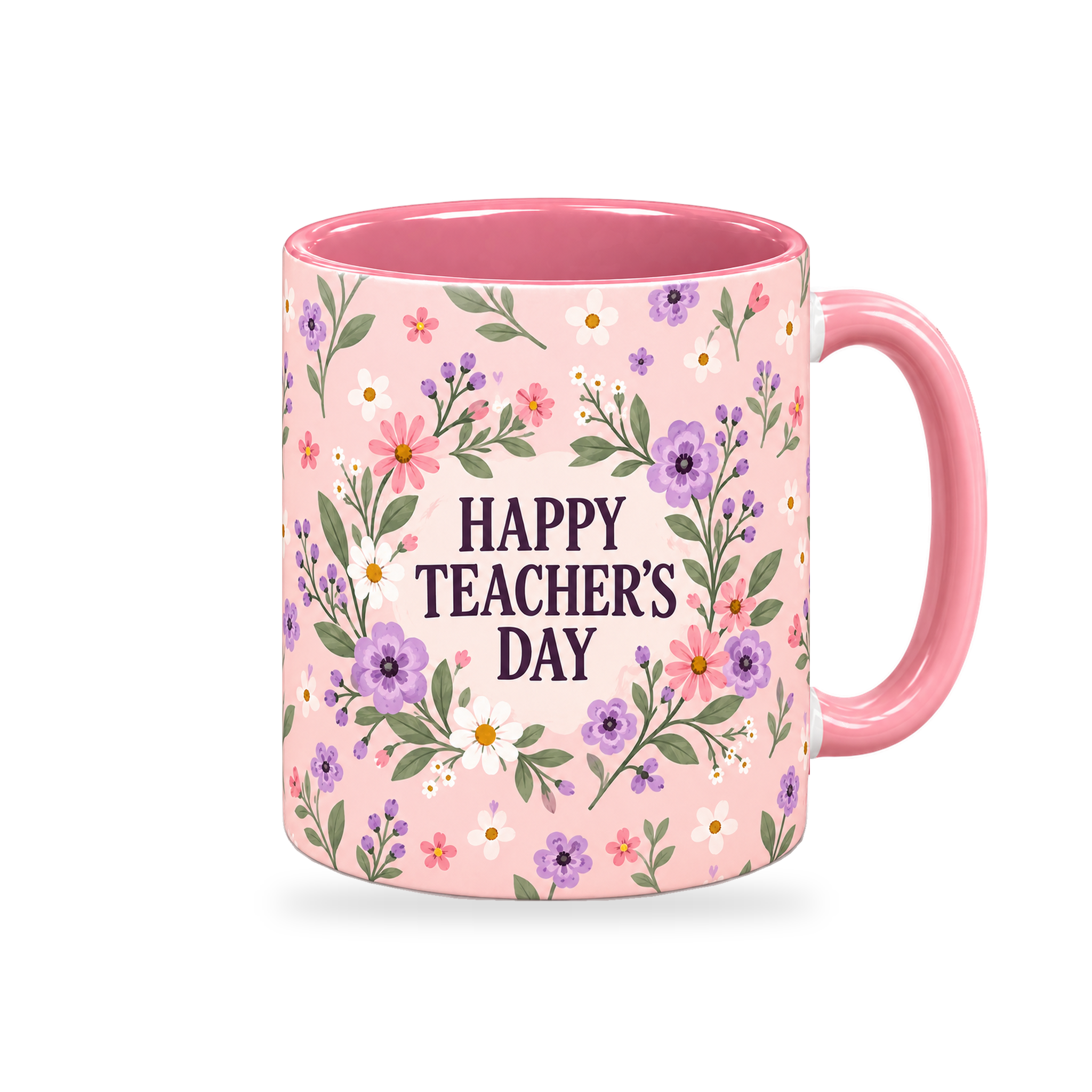 Pink Ditsy Meadow Teacher Mug – 320ml — right view on a transparent background