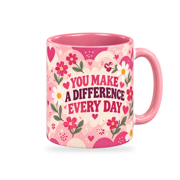 Pink Kindness Club Teacher Mug – 320ml, right view on a transparent background