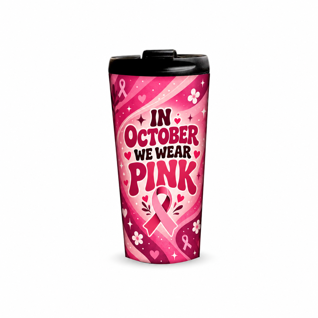 Pink Radiance Pinktober Tumbler – 480ml, front view with lid on