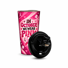 Pink Radiance Pinktober Tumbler – 480ml, removable lid beside the tumbler
