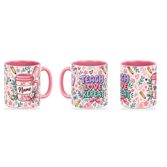 Pink Teacher Coffee Break Mug – 320ml — right, left and centre views together on a transparent background