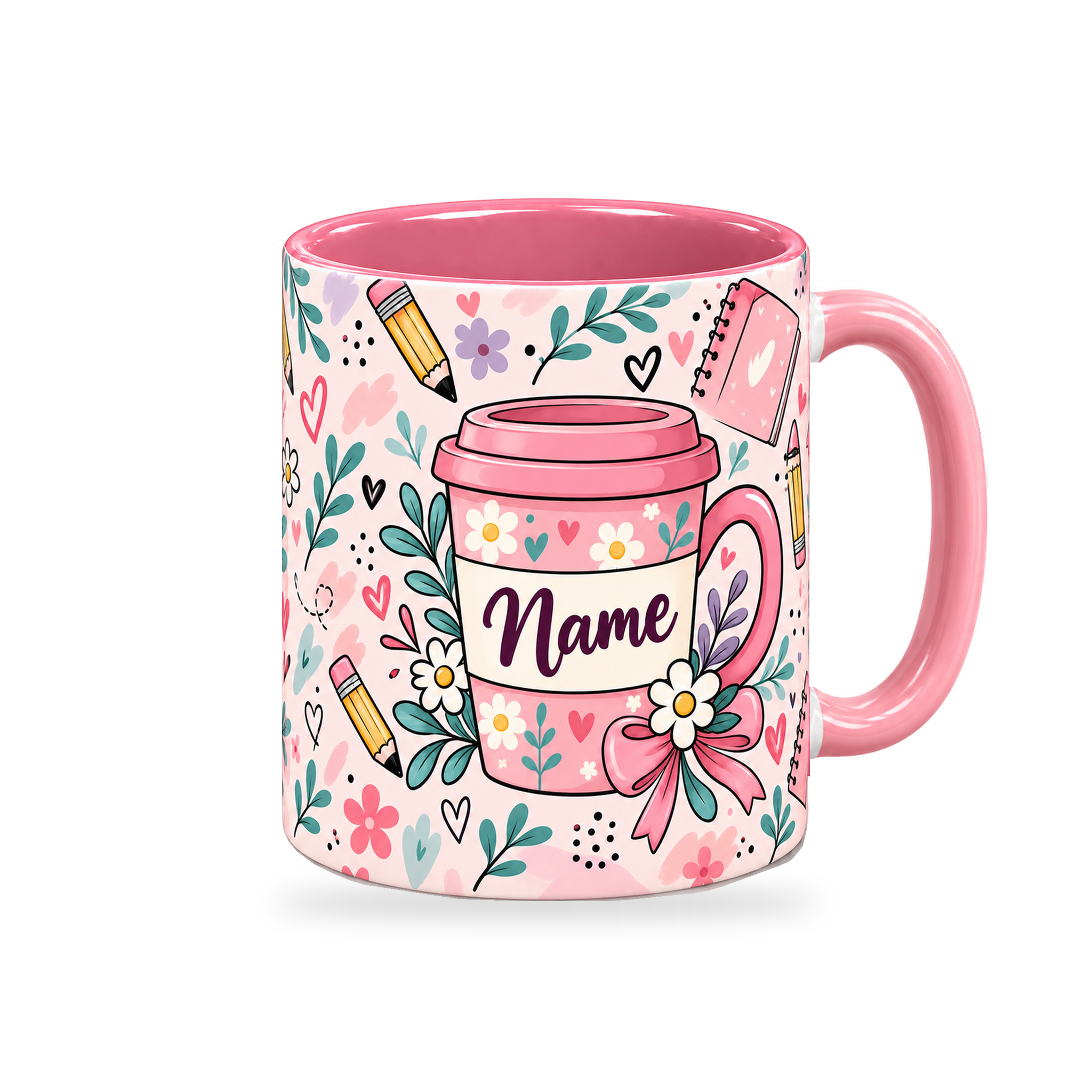 Pink Teacher Coffee Break Mug – 320ml — right view on a transparent background