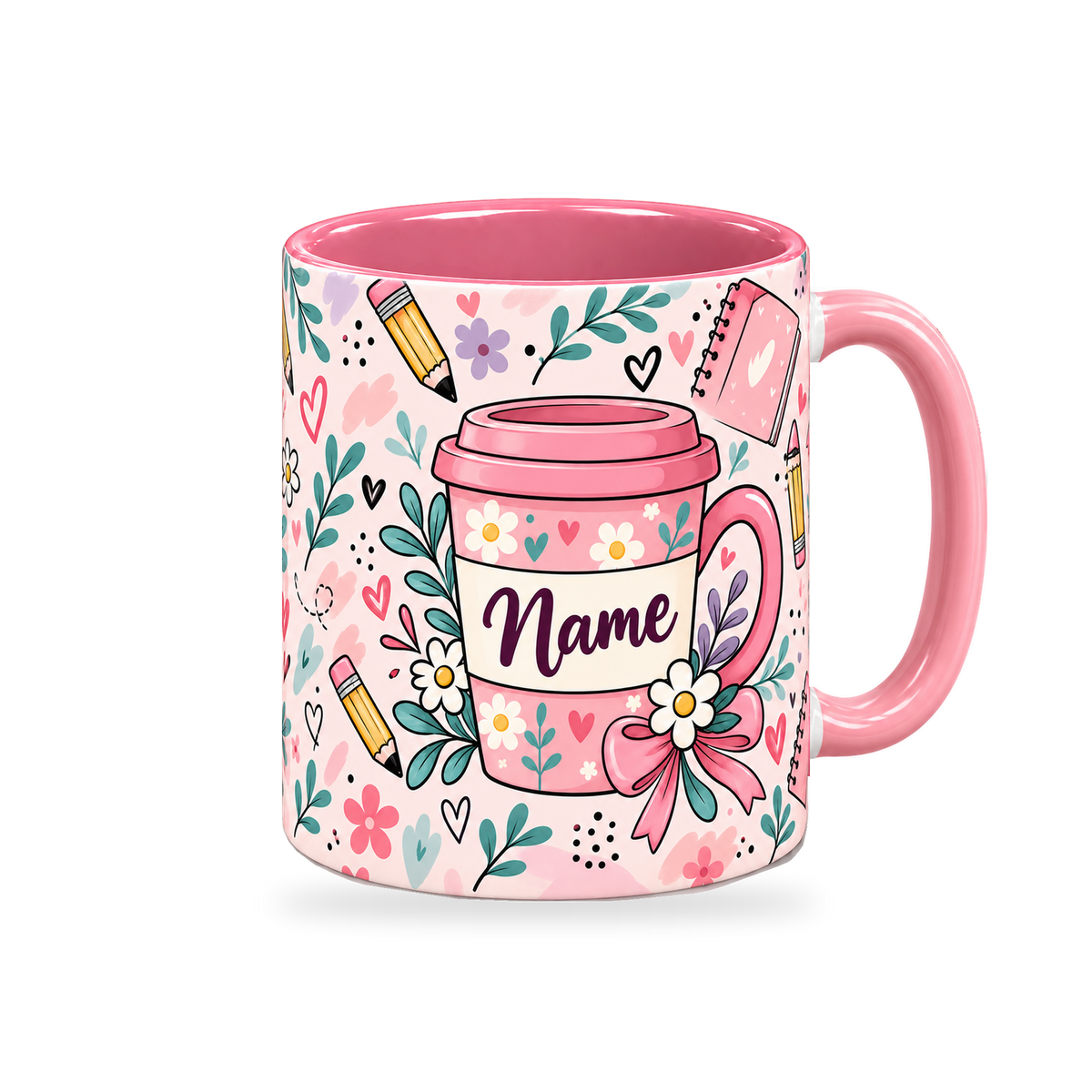 Pink Teacher Coffee Break Mug – 320ml — right view on a transparent background