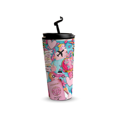 Pink Wanderlust 480ml Tumbler by Fann Bliss — raised drinking spout view