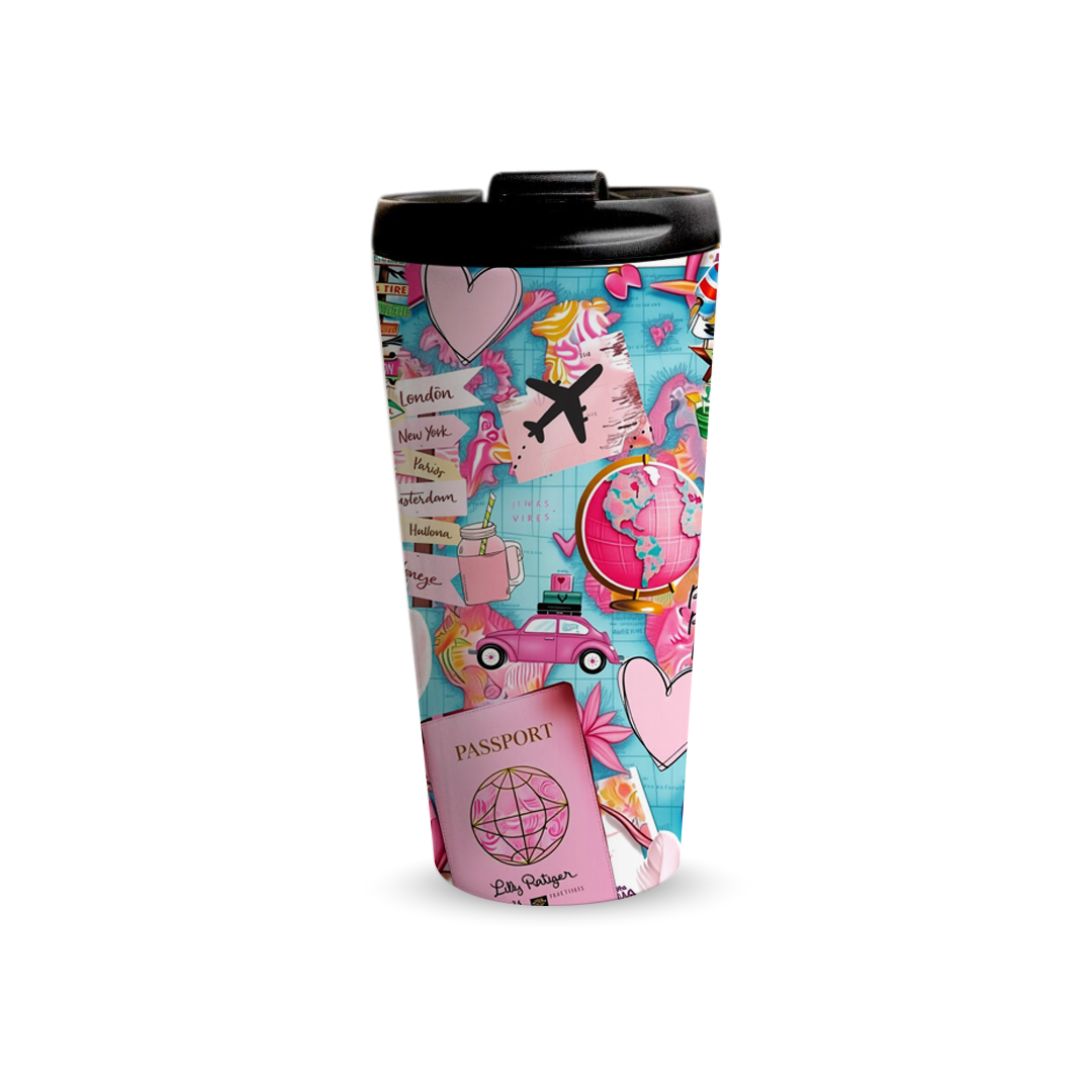 Pink Wanderlust 480ml Tumbler by Fann Bliss — closed black lid view