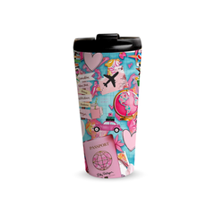 Pink Wanderlust 480ml Tumbler by Fann Bliss — closed black lid view
