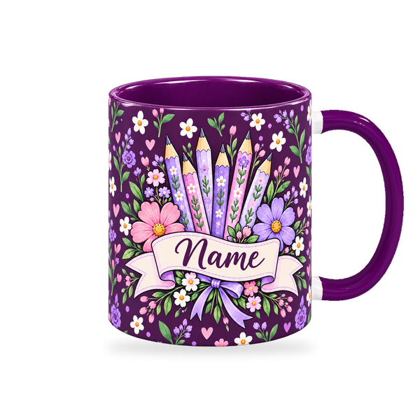 Plum Pencil Bouquet Teacher Mug – 320ml, right view on a transparent background