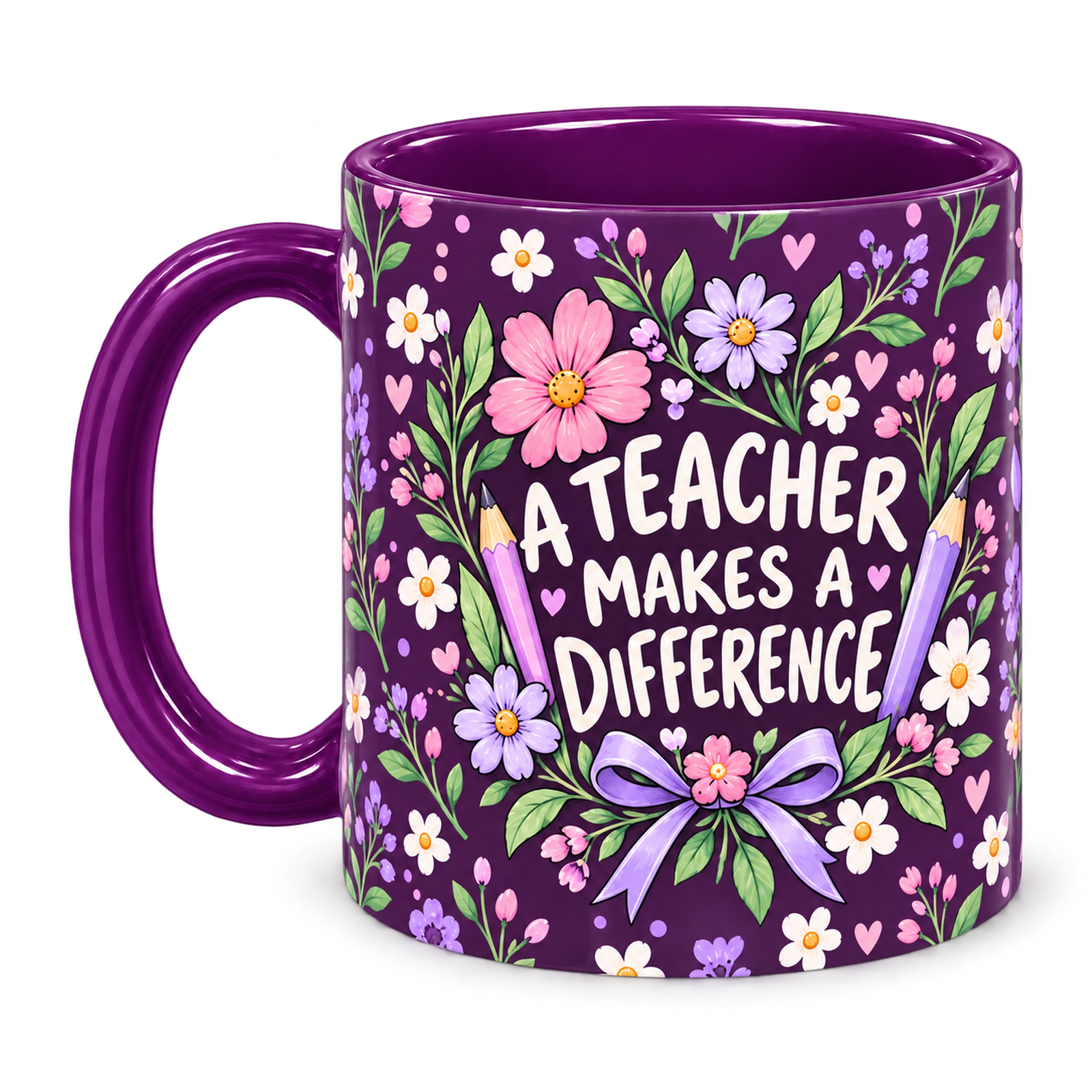 Plum Pencil Bouquet Teacher Mug, purple – handle on the left, A TEACHER MAKES A DIFFERENCE