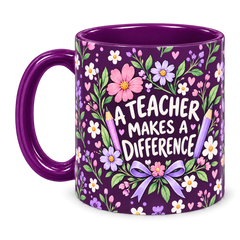 Plum Pencil Bouquet Teacher Mug, purple – handle on the left, A TEACHER MAKES A DIFFERENCE
