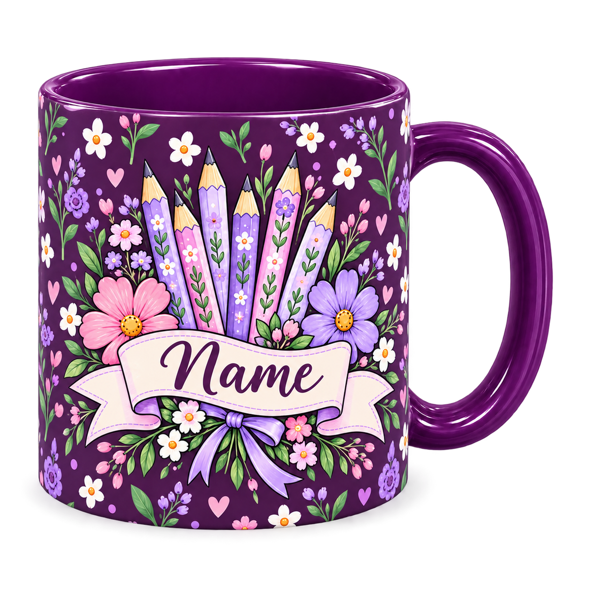 Plum Pencil Bouquet Teacher Mug, purple – handle on the right, Name