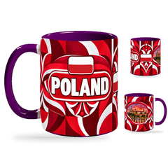 Poland Mug Purple – 320ml with purple handle, showing the country-name side plus companion centered-flag and landmark views of the glossy full-wrap design by Fann Bliss.