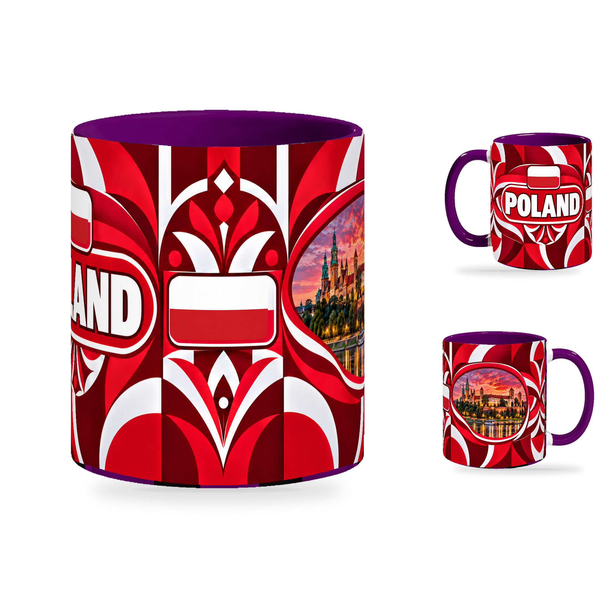 Poland Mug Purple – 320ml with purple handle, showing the centered flag view plus companion country-name and landmark views of the glossy full-wrap design by Fann Bliss.