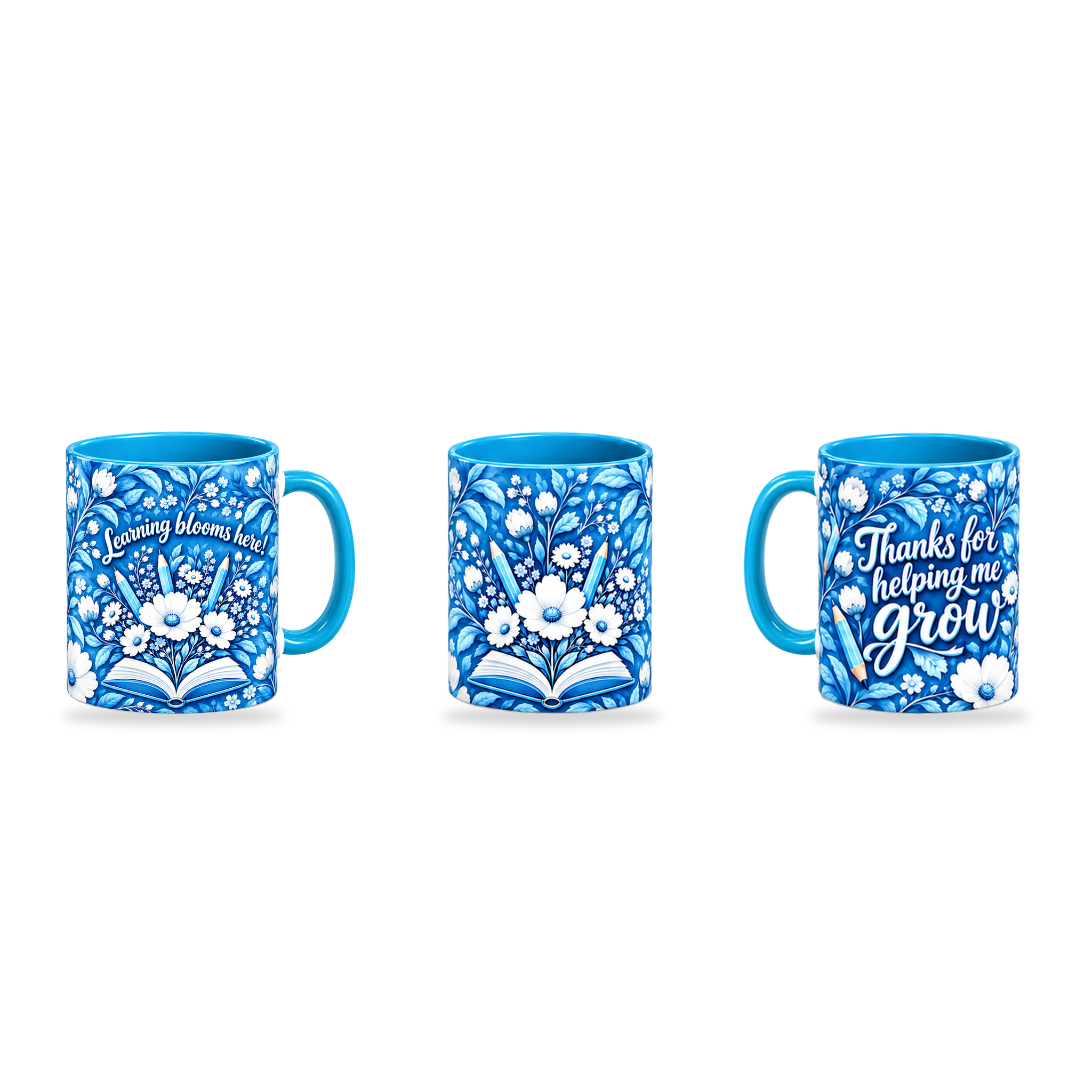 Porcelain Growth Mug – 320ml, Light Blue ceramic mug, three-angle overview of the Teacher’s Day artwork