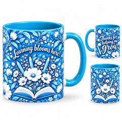 Porcelain Growth Mug – 320ml, light blue ceramic mug, views of the full-wrap Teacher’s Day design