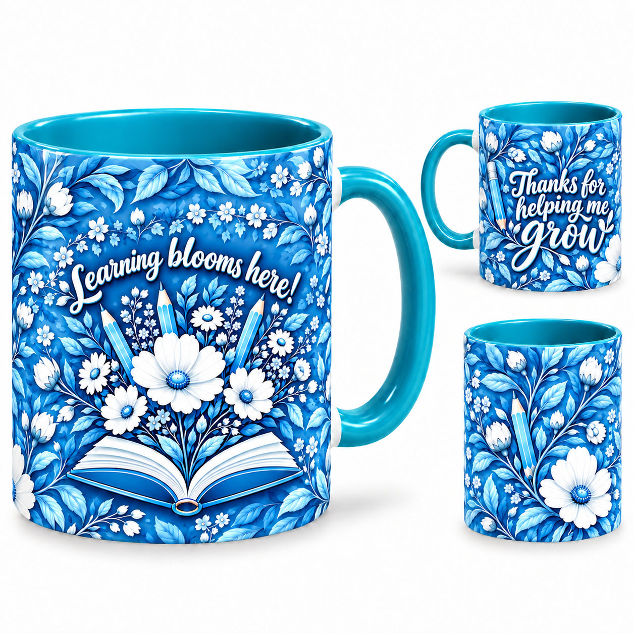 Porcelain Growth Mug – 320ml, teal ceramic mug, views of the full-wrap Teacher’s Day design