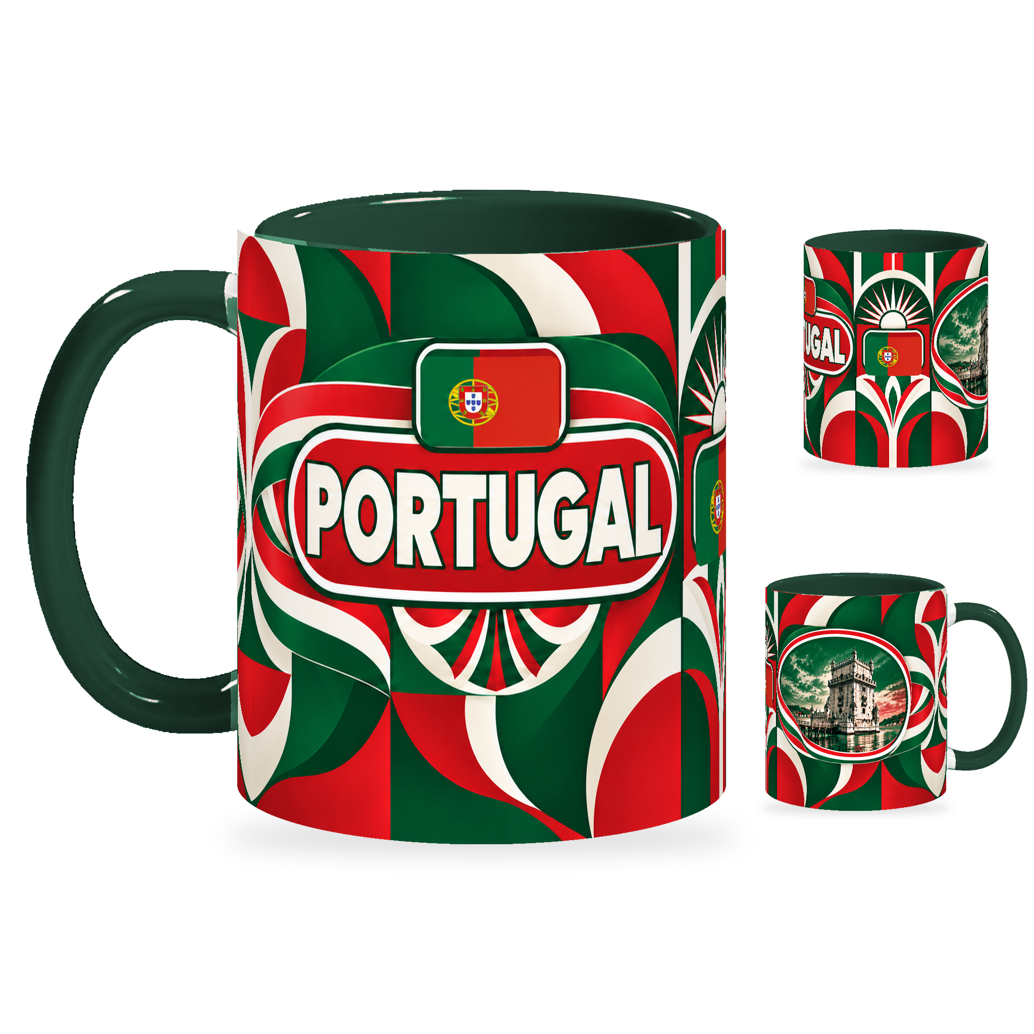 Portugal Mug – 320ml with dark green handle, showing the country-name side plus companion centered-flag and landmark views of the glossy full-wrap design by Fann Bliss.