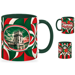 Portugal Mug – 320ml with dark green handle, showing the landmark side plus companion country-name and centered-flag views of the glossy full-wrap design by Fann Bliss.