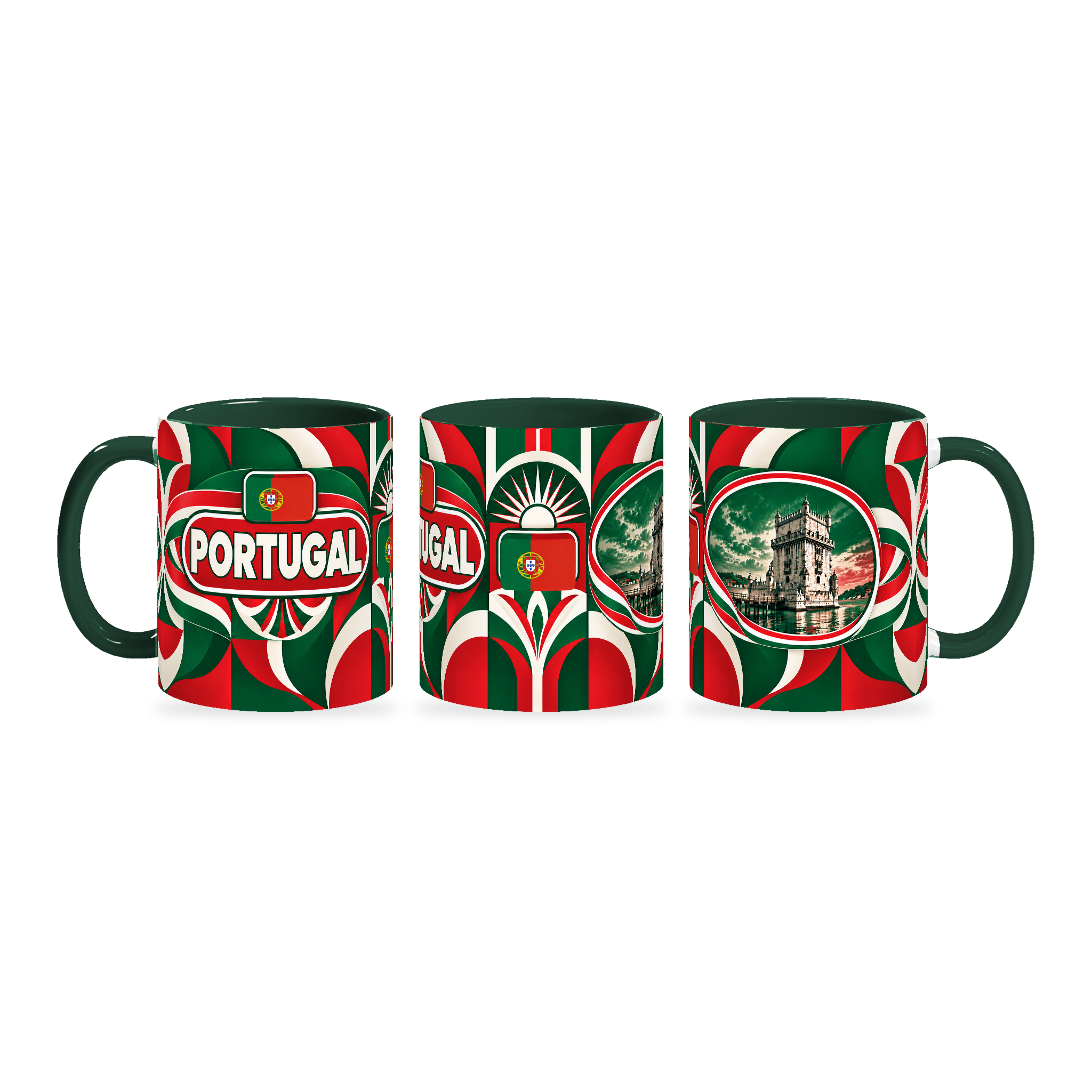 Portugal Mug – 320ml with dark green handle, shown in three matching angles of the glossy full-wrap design by Fann Bliss.