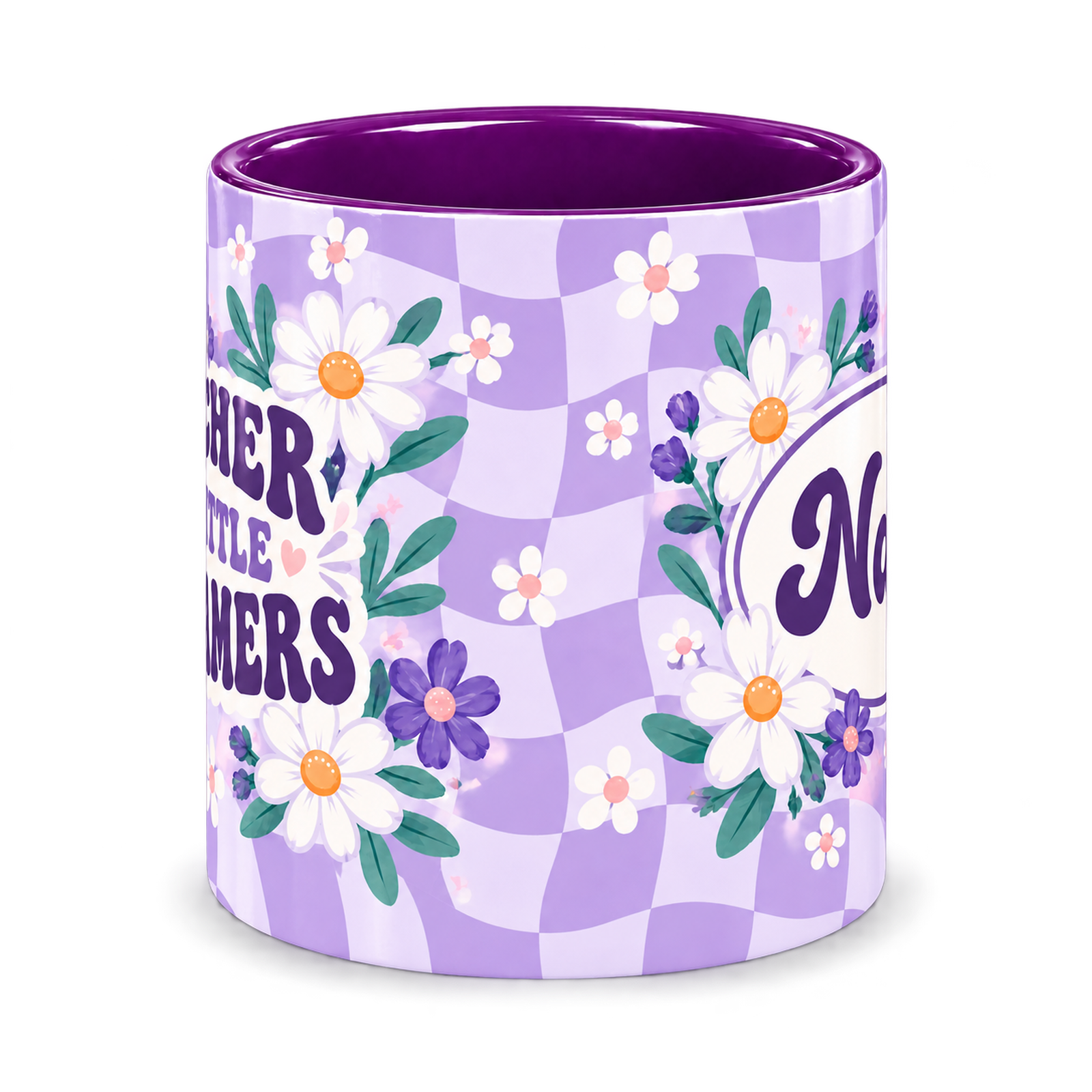 Purple Daisy Club Teacher Mug, purple – centre view of the full-wrap pattern