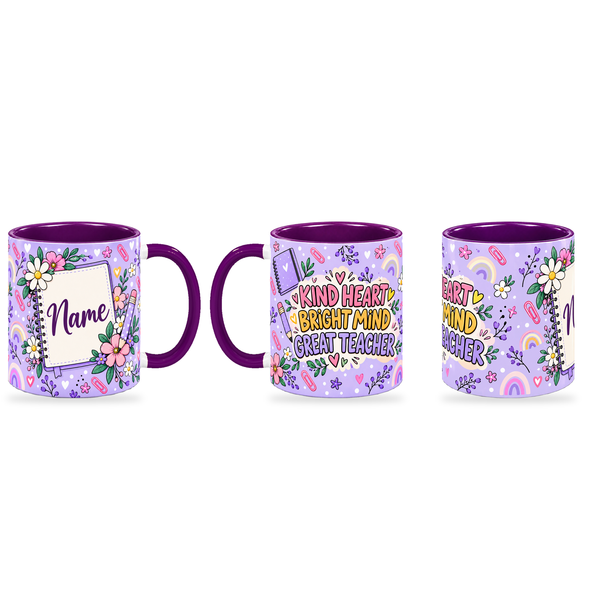 Purple Stationery Desk Teacher Mug – 320ml — right, left and front views together on a transparent background